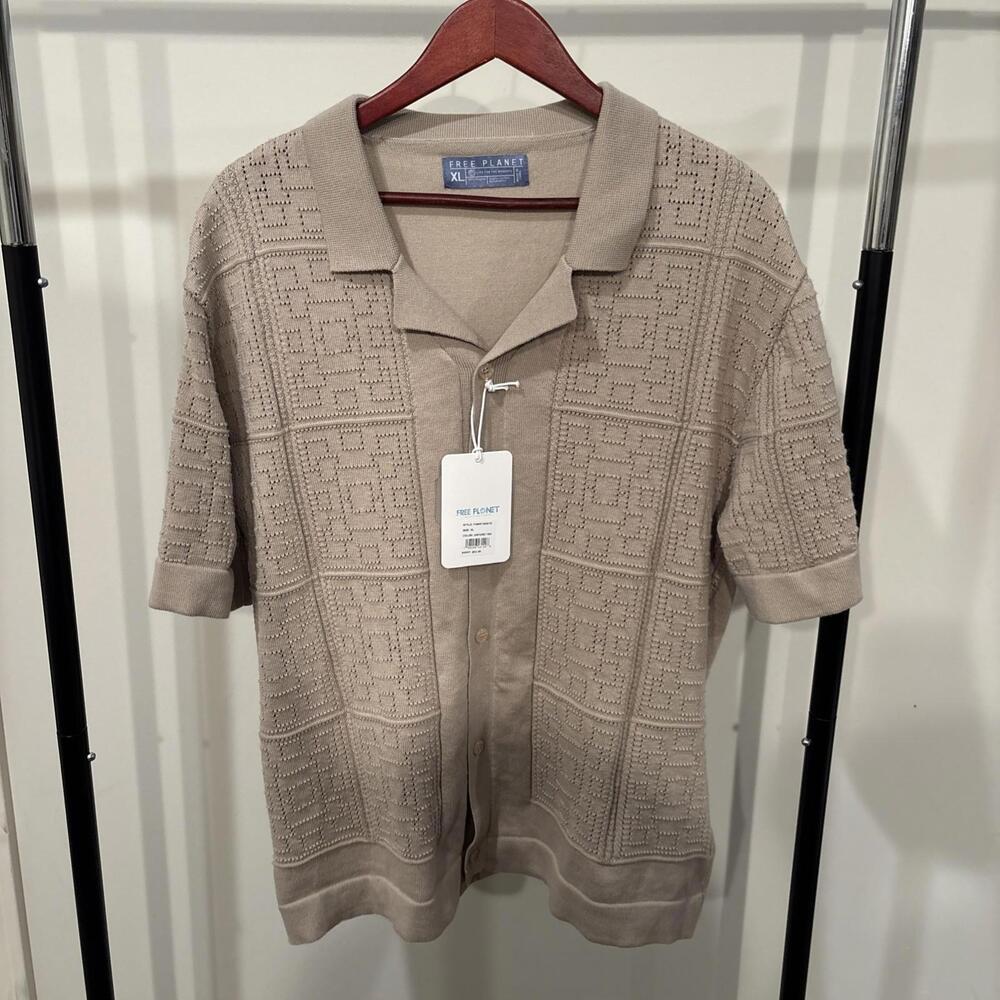 Free Planet Oxford Tan Knit Button Polo Shirt XL NWT Textured Retro - Picture 2 of 4